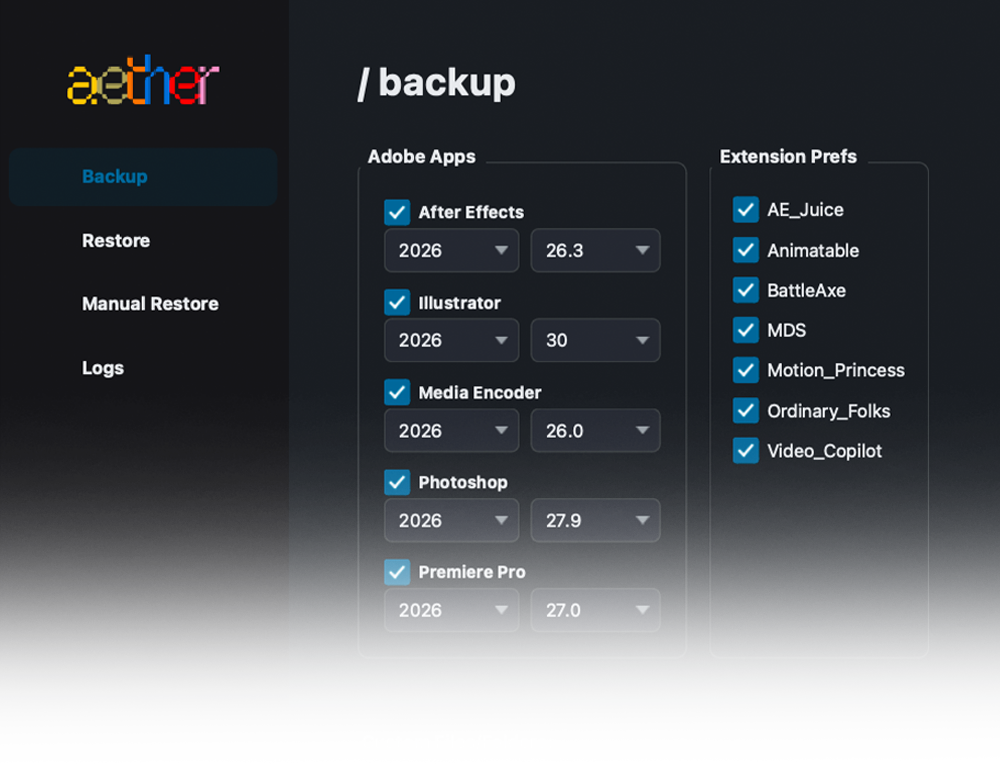 Aether backup interface showing Adobe apps selection